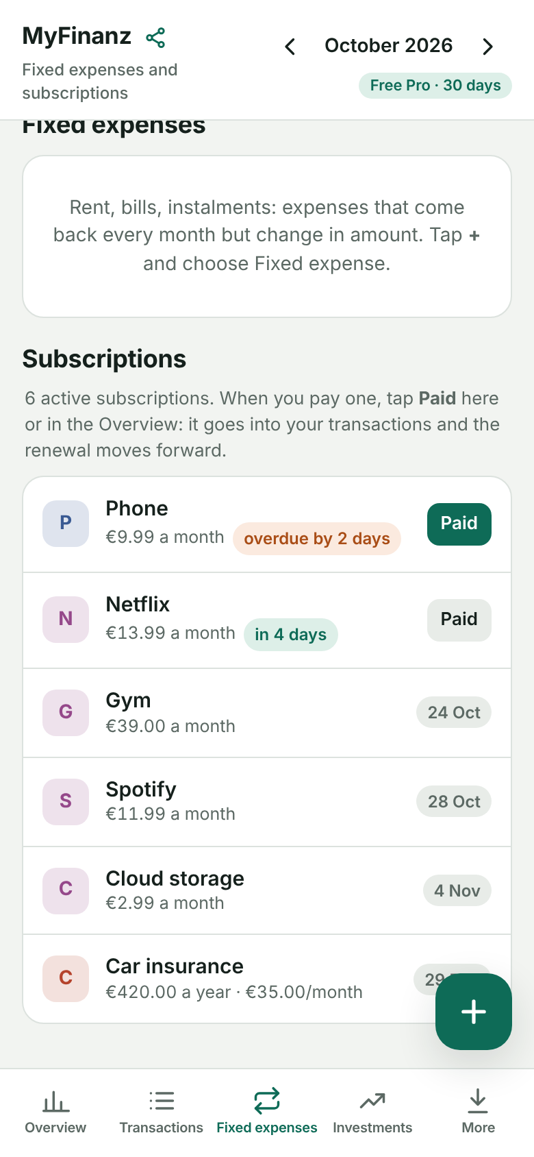 Lista de suscripciones con sus fechas de renovación