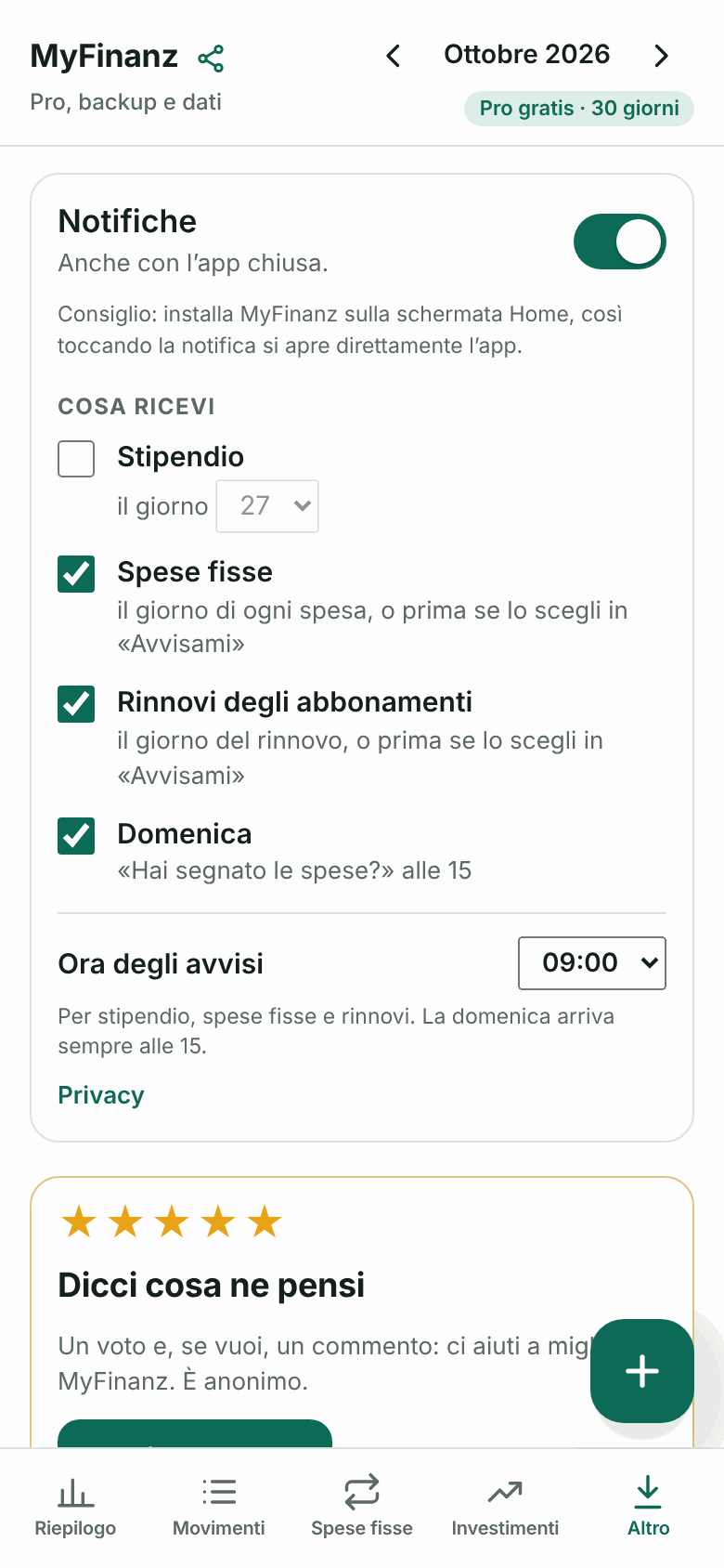 Impostazioni delle notifiche