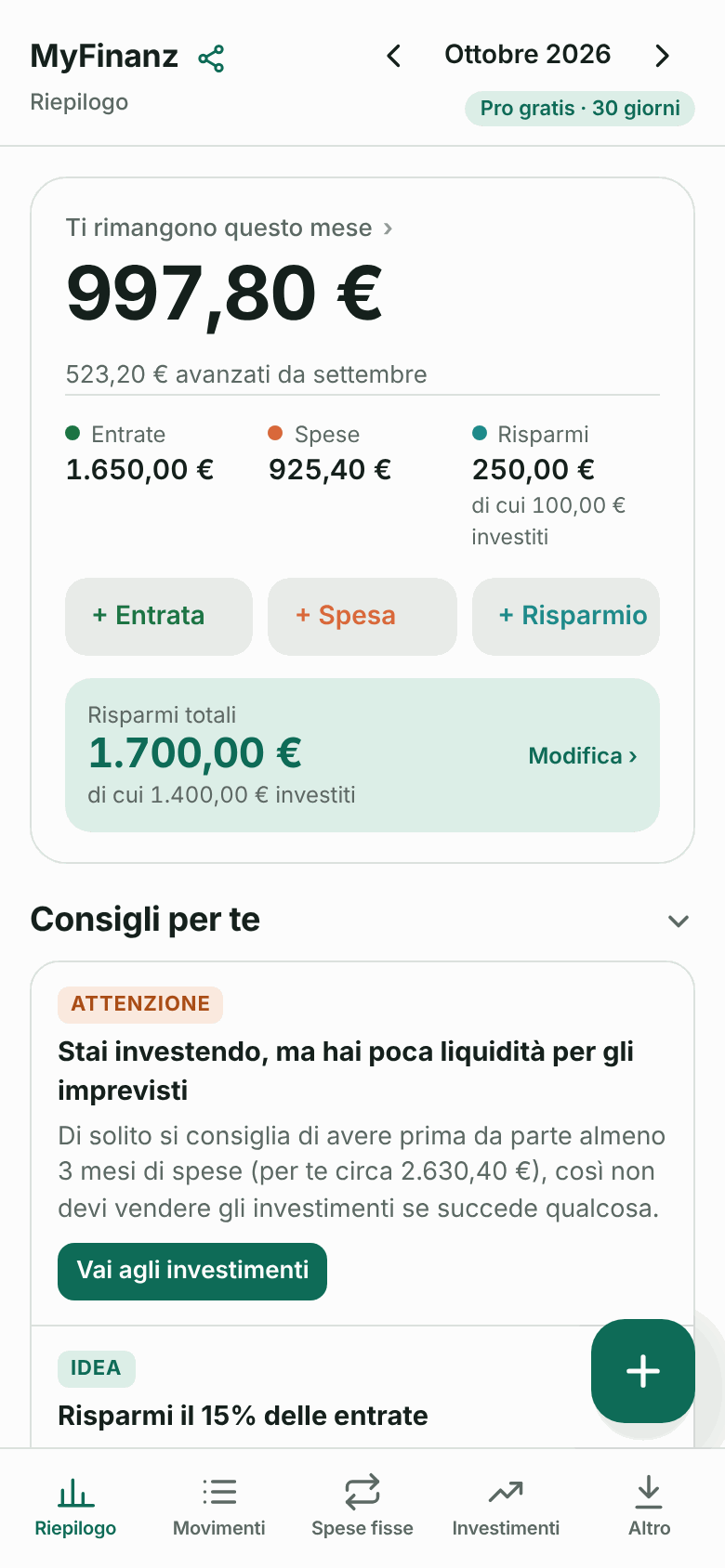 Schermata Riepilogo: quanto ti rimane questo mese
